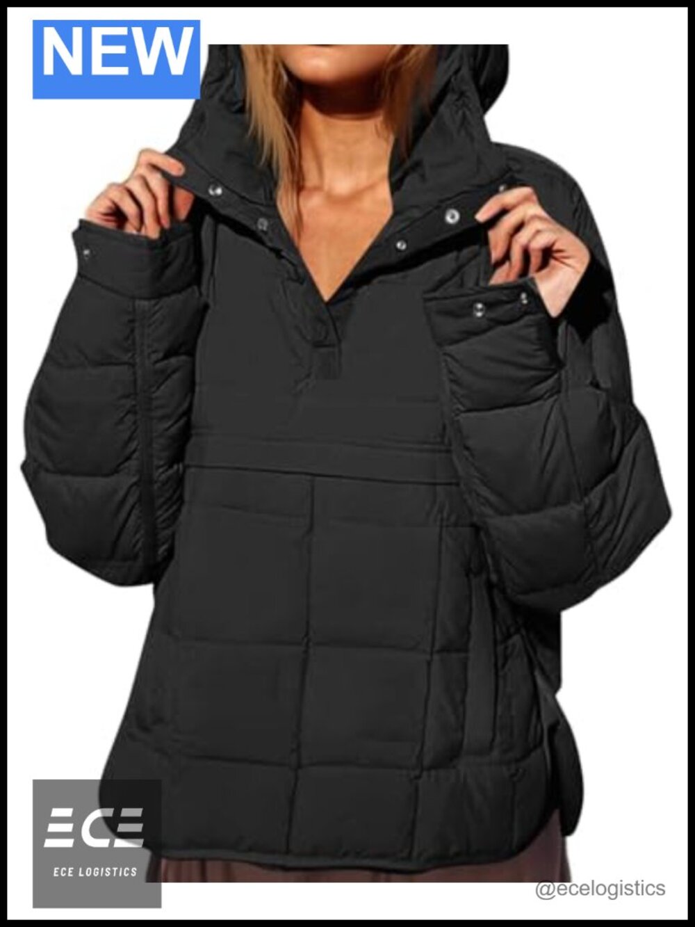 Oversized Quilted Puffer Jacket Hooded Pullover Batwing Sleeve Coat